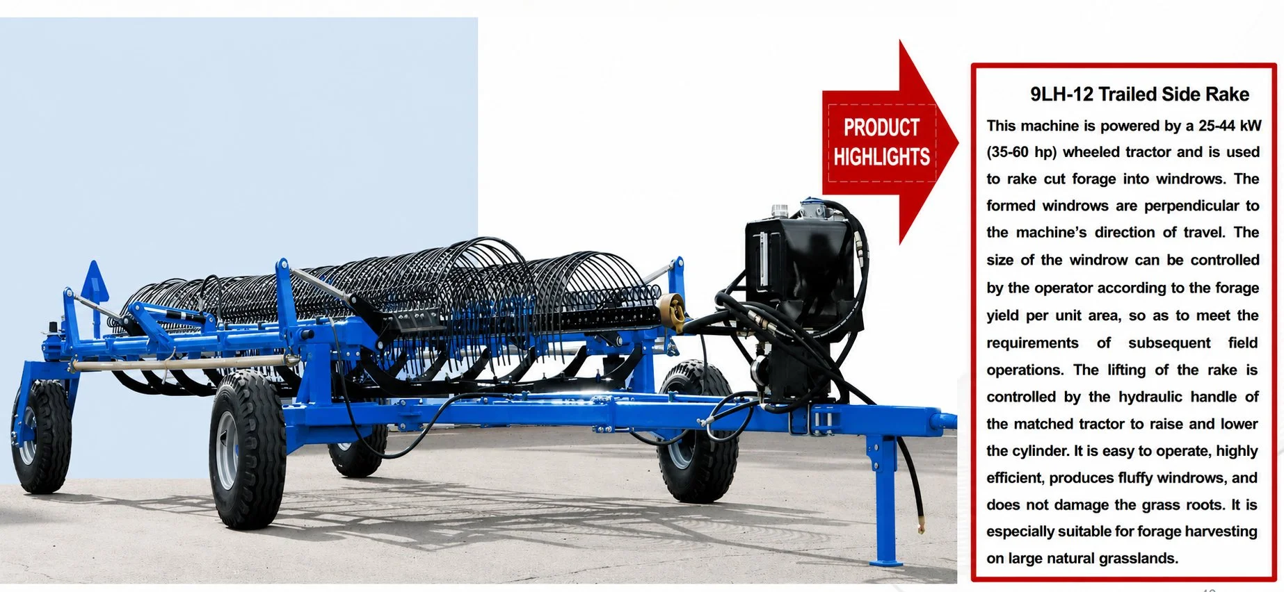 9LH-12 towed horizontal hay rake highlight