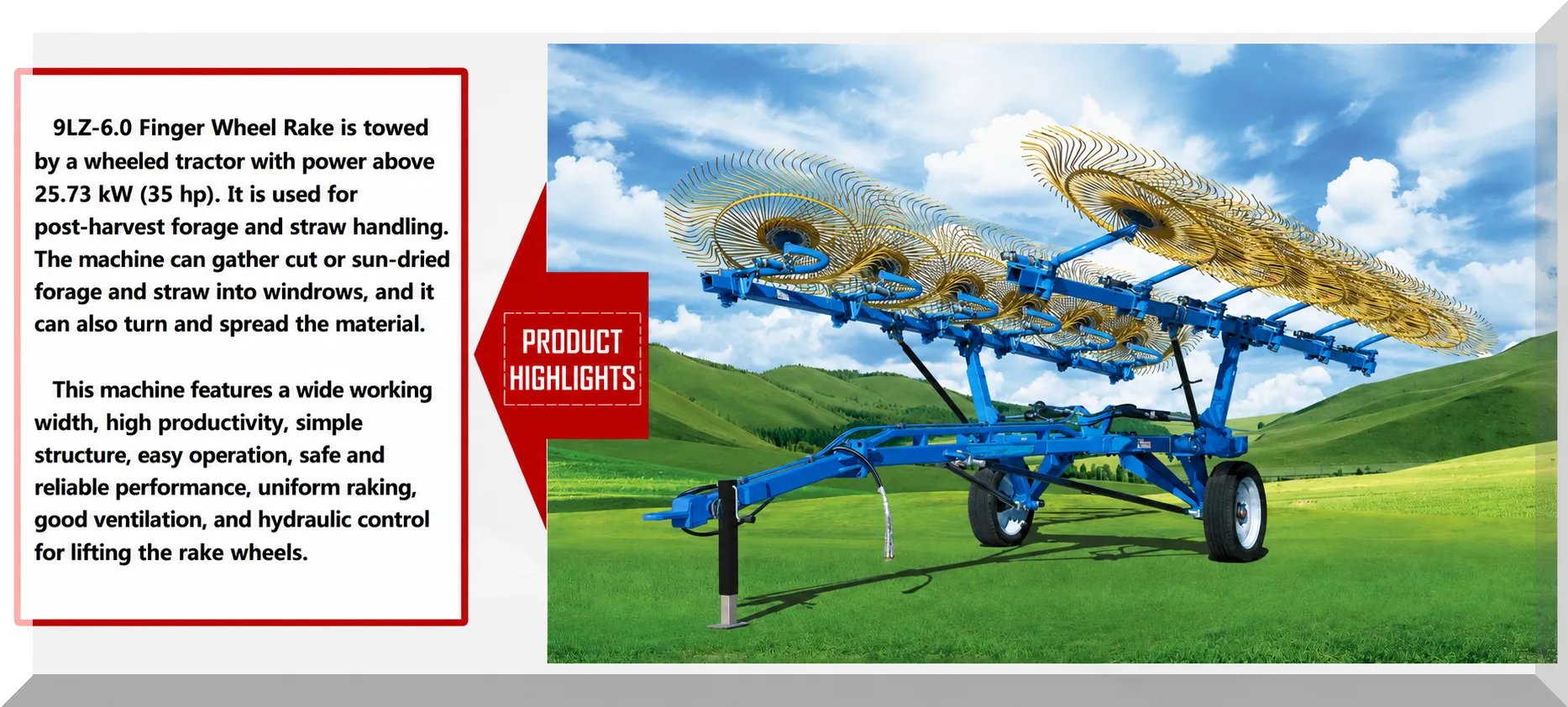 9LZ-6.0 Finger Wheel Hay Rake Highlights