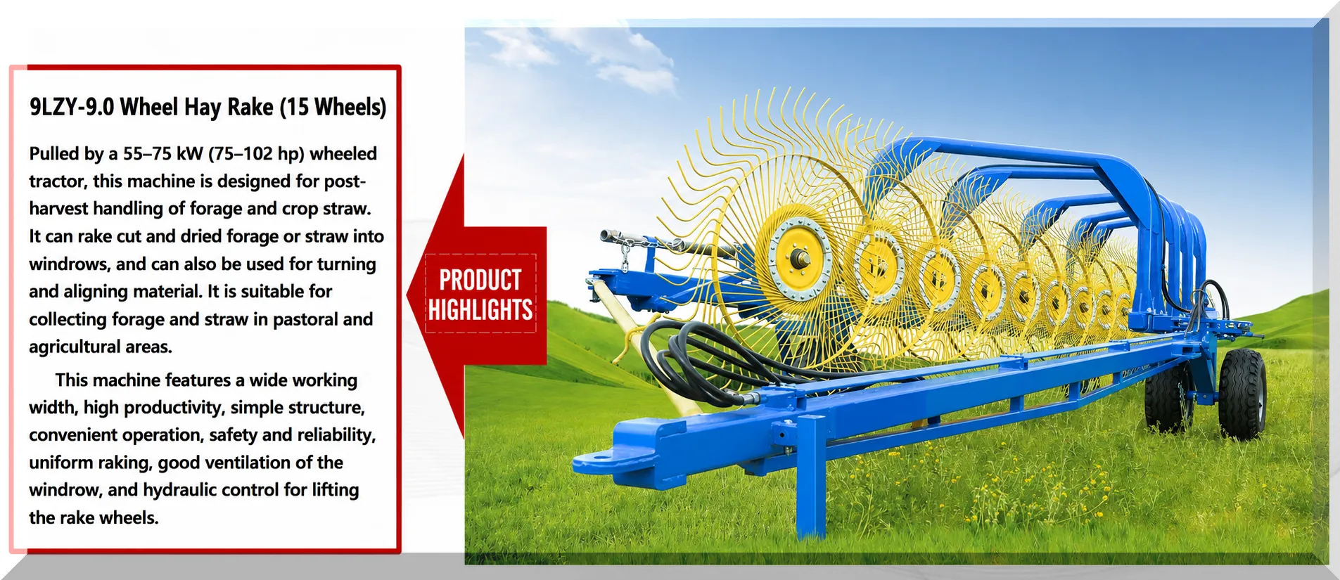 9LZY-9.0 Finger Wheel Hay Rake Highlights