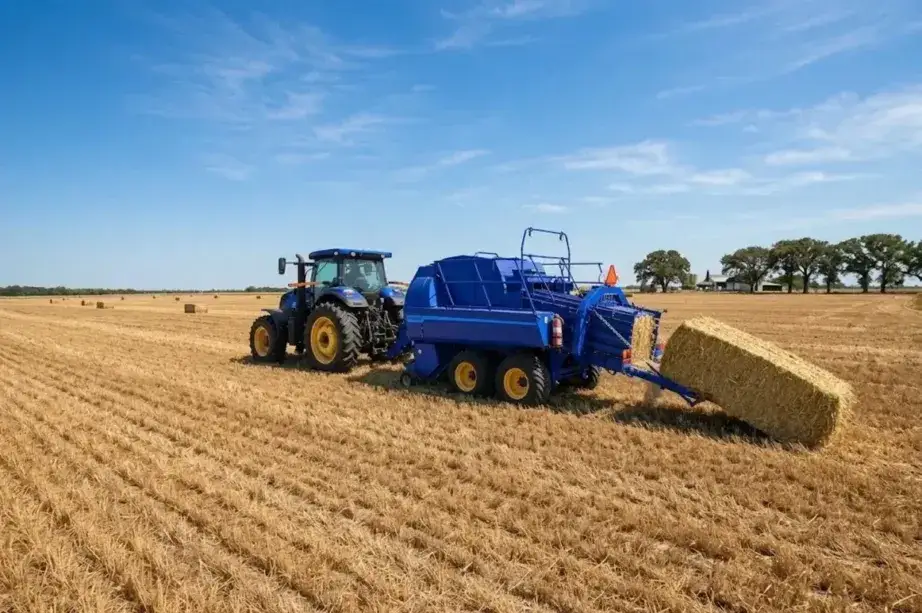 9YF-2200 small square baler operating in a hay field showing the 2200mm pickup collecting a wide windrow and producing dense small square bales