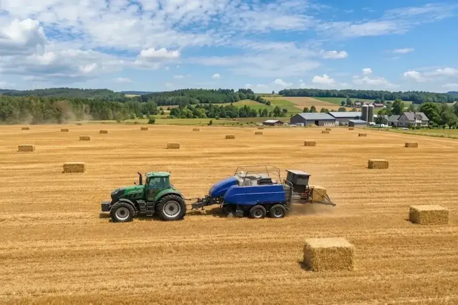 9YFS-2.2 square baler with hammer-claw pickup and dual shredder plus negative-pressure fan operating in a field showing the clean windrow that results from the fan-assisted impurity removal process